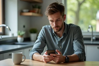 Homme en cuisine regardant son smartphone avec curiosite