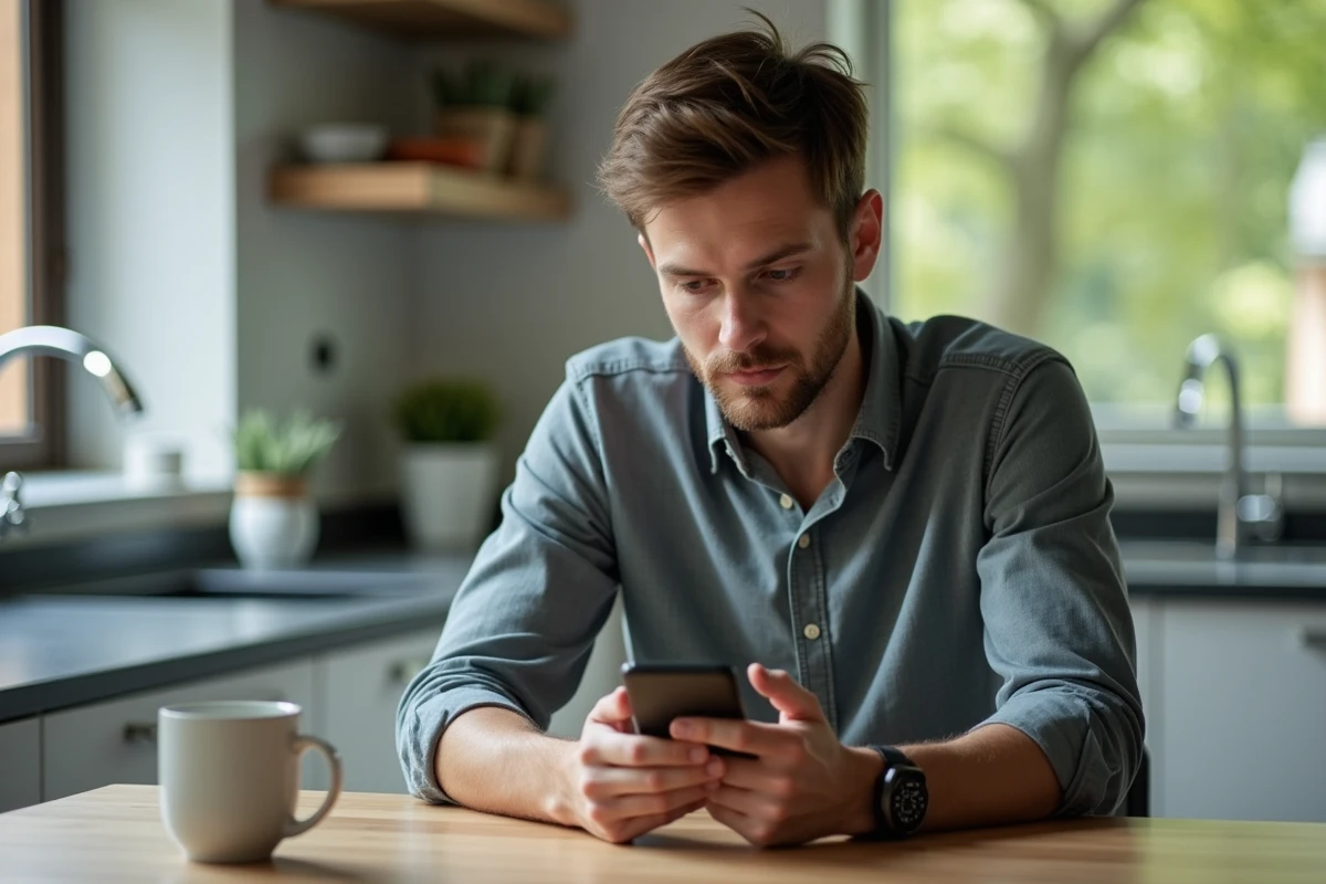 Homme en cuisine regardant son smartphone avec curiosite