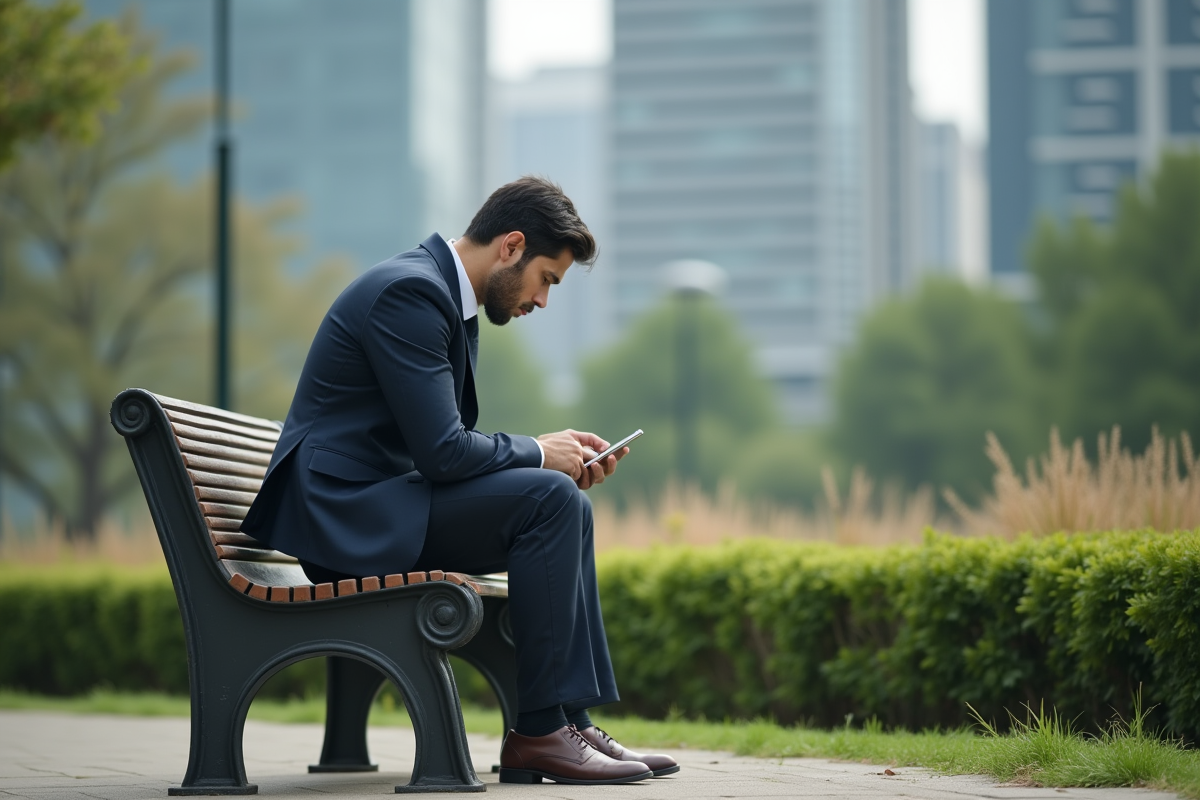 Homme d affaires seul assis sur un banc de parc urbain