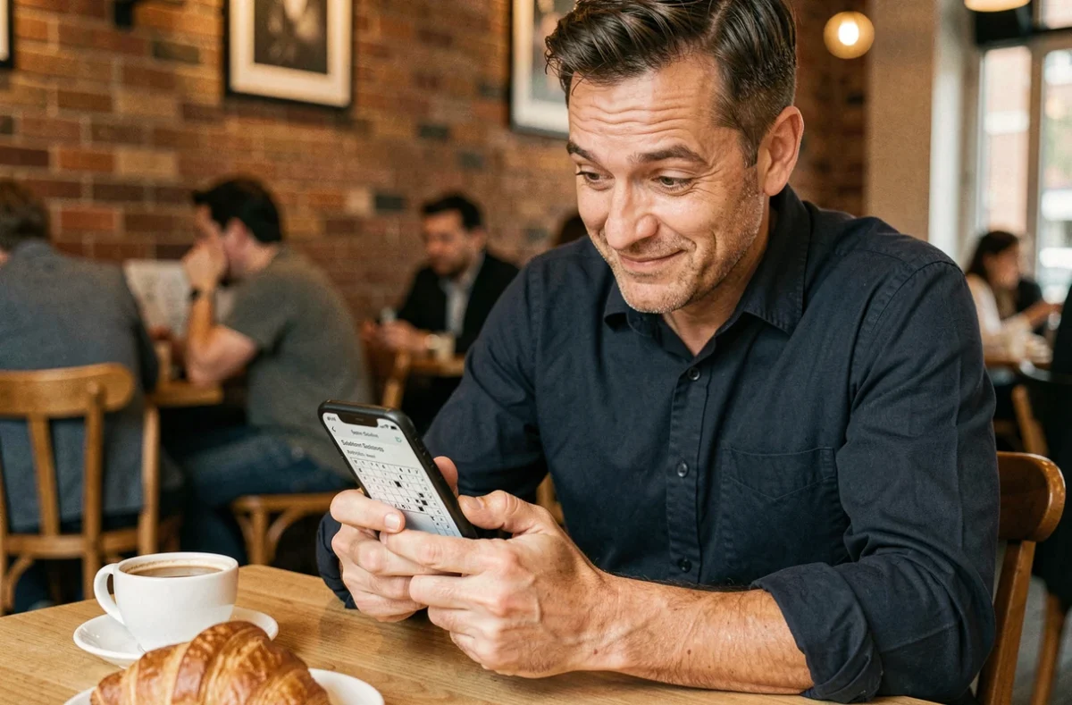 Homme d'âge moyen cherchant la solution du mot de passe CodyCross du jour sur son smartphone dans un café urbain