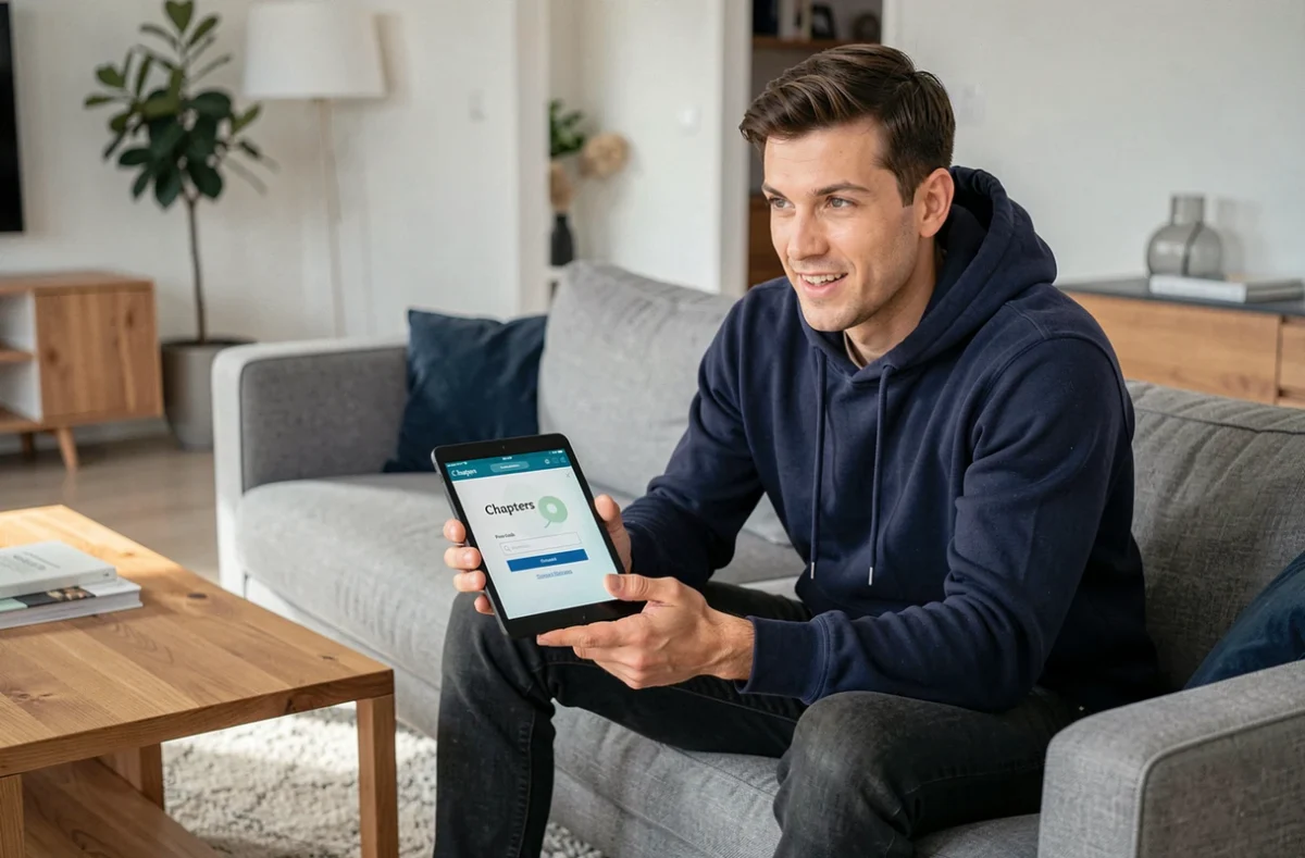 Homme sur un canapé moderne utilisant une tablette pour saisir un code promo Chapters lors d'un achat en ligne