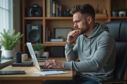 Homme en hoodie travaillant sur son ordinateur dans un bureau