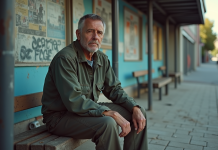 Homme d age assis sur un banc dans un quartier dégradé