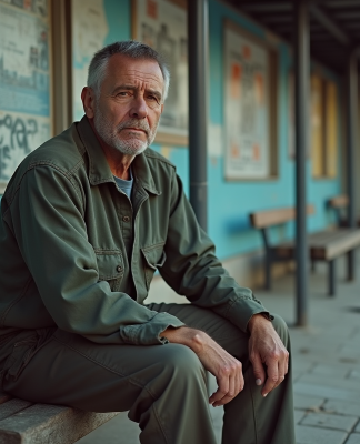 Homme d age assis sur un banc dans un quartier dégradé