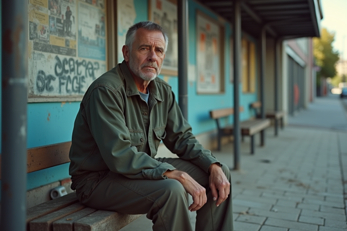Homme d age assis sur un banc dans un quartier dégradé