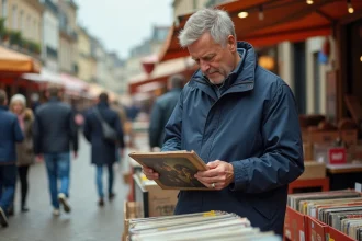 Homme d'âge moyen examinant des vinyles lors d'une braderie en PasdeCalais