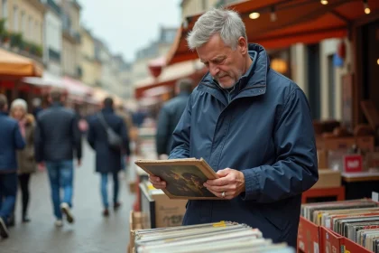 Homme d'âge moyen examinant des vinyles lors d'une braderie en PasdeCalais
