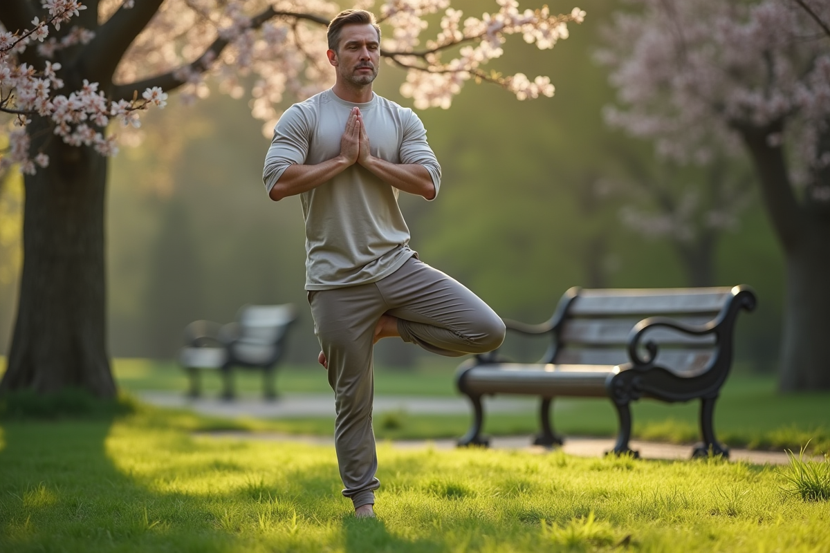 Homme en yoga dans un parc au printemps