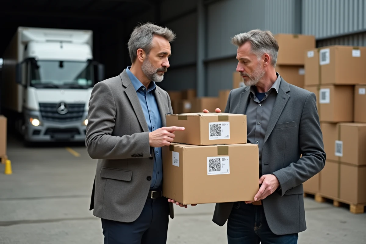 Deux hommes examinant colis avec QR codes en dock extérieur