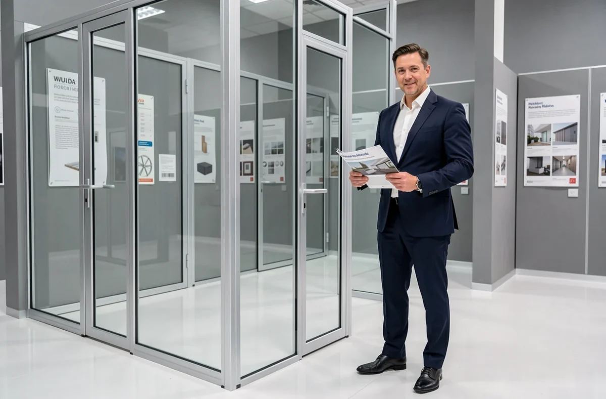 Conseiller commercial d'Idstores présentant des cloisons vitrées en aluminium dans un showroom contemporain