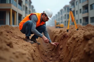 Ingénieur en bâtiment inspectant une tranchée de sol argileux sur un chantier de construction résidentiel pour évaluer la nécessité d'un renforcement des fondations