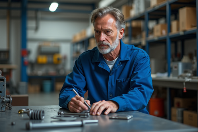 Ingénieur en bleu inspectant des composants métalliques