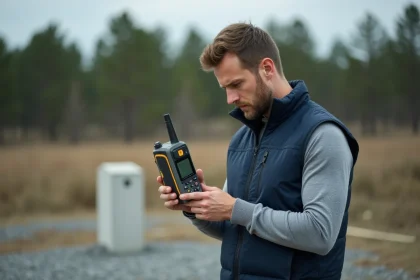 Ingénieur tenant un récepteur GPS portable sur le terrain, symbolisant les systèmes de positionnement par satellite comme GPS, GNSS et Galileo