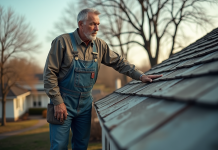 Homme en salopette inspectant un toit de maison ancien