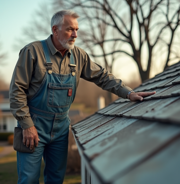 Homme en salopette inspectant un toit de maison ancien