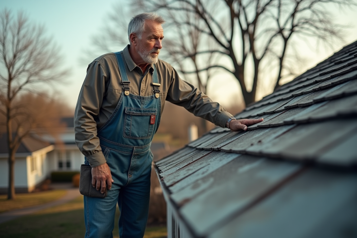 Homme en salopette inspectant un toit de maison ancien
