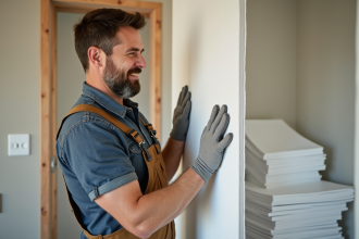 Hommes en overalls posant une plaque de Depron sur un mur intérieur