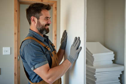 Hommes en overalls posant une plaque de Depron sur un mur intérieur