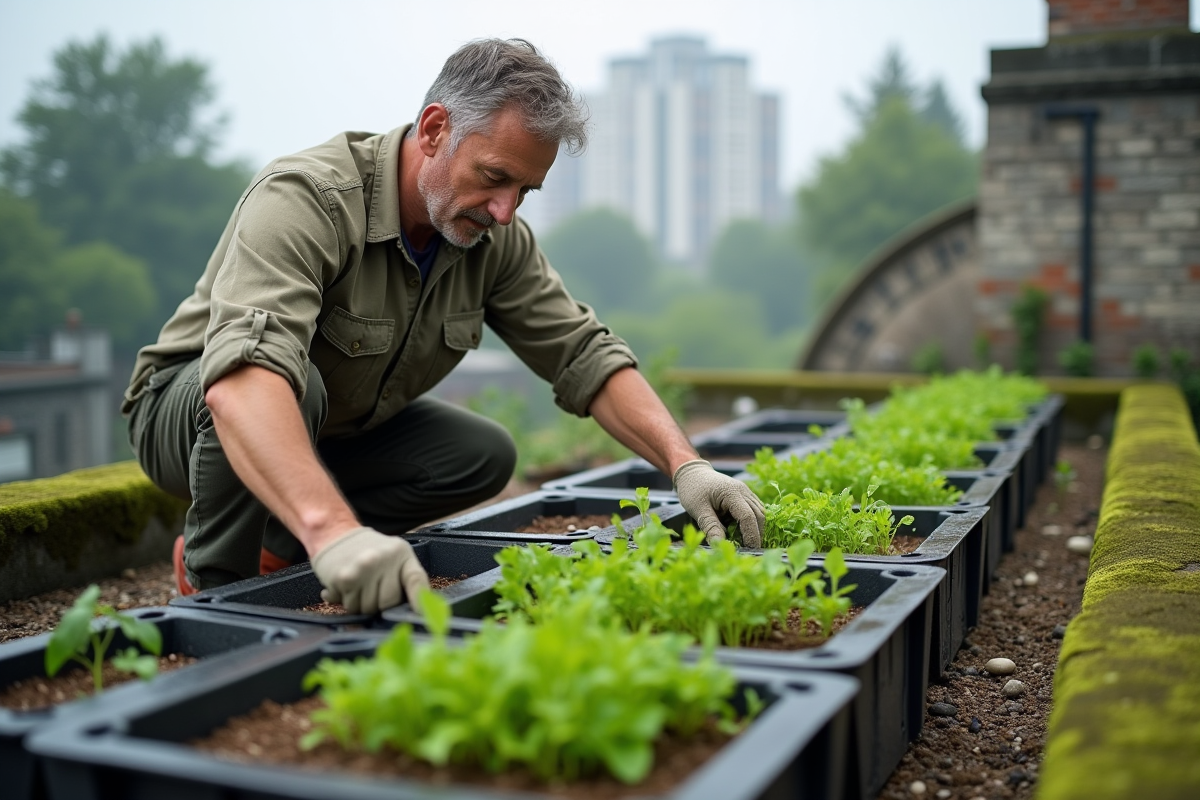 Homme installant des plateaux de plantes sur un toit en gravier