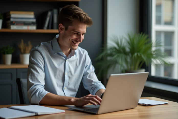 Jeune homme installant un SSD dans un ordinateur portable moderne