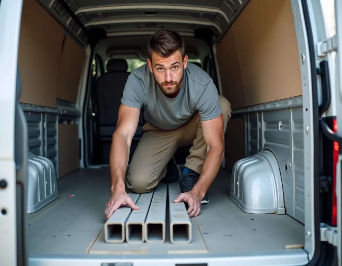 Artisan installant des tubes carrés en aluminium à l'intérieur d'un fourgon en cours d'aménagement