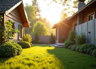 Jardin ensoleille avec cloture propre entre deux maisons