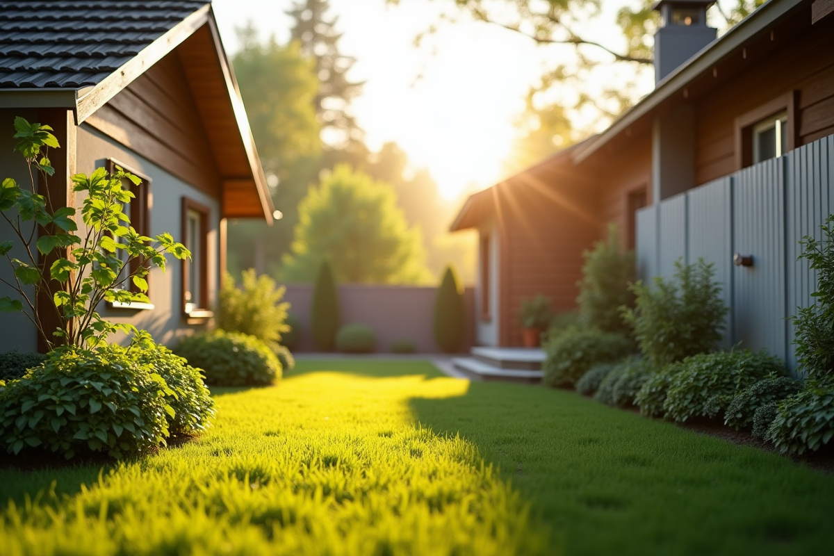 Jardin ensoleille avec cloture propre entre deux maisons