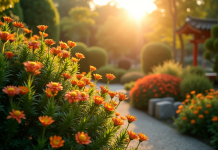 Jardin japonais ensoleille avec plantes colorées au golden hour