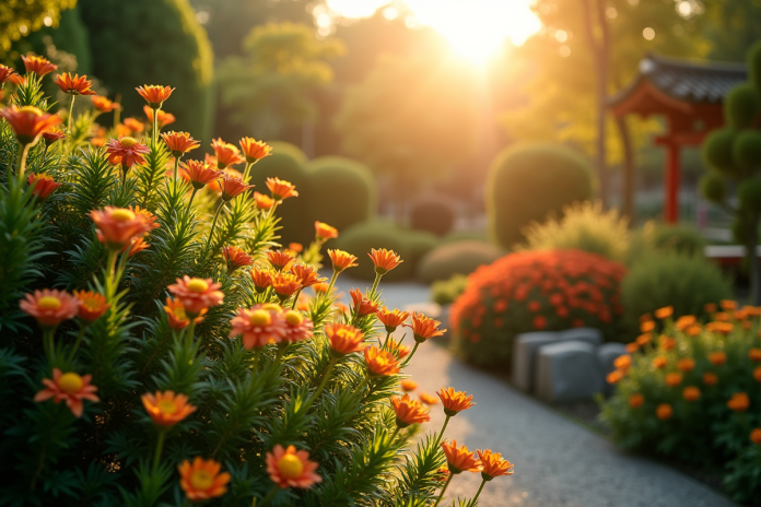 jardin-japonais-soleil Jardin japonais ensoleille avec plantes colorées au golden hour