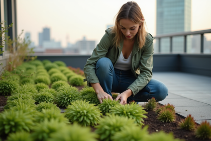 Femme arrangeant des sedums sur un toit urbain vert