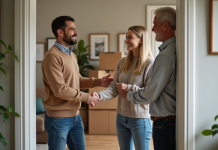 Jeune couple souriant avec propriétaire dans entrée d'appartement