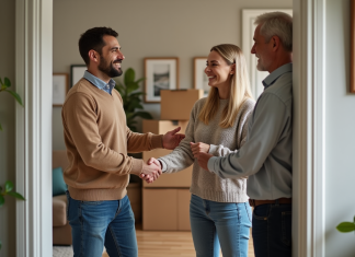 Qualités d’un bon locataire : comment les reconnaître et les attirer ? Jeune couple souriant avec propriétaire dans entrée d'appartement
