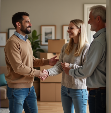 Qualités d’un bon locataire : comment les reconnaître et les attirer ? Jeune couple souriant avec propriétaire dans entrée d'appartement
