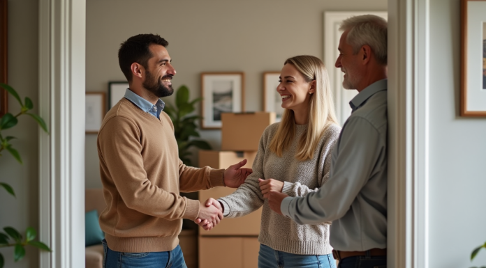 Jeune couple souriant avec propriétaire dans entrée d'appartement
