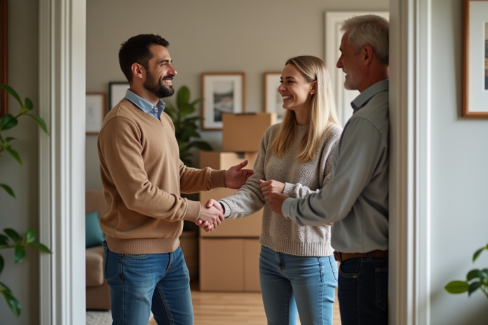 jeune-couple-locataire-entre Jeune couple souriant avec propriétaire dans entrée d'appartement