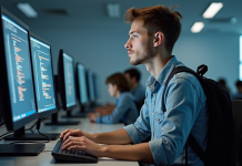 Étudiant en informatique travaillant sur des écrans de code et cybersécurité