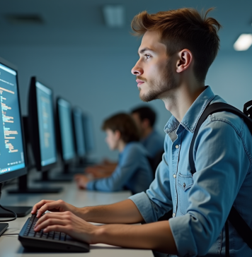 Cybersécurité ou ingénierie logicielle : choisir la filière la plus demandée ! Étudiant en informatique travaillant sur des écrans de code et cybersécurité