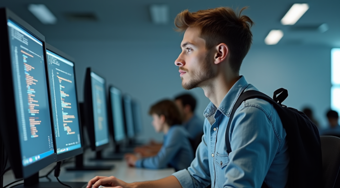 Étudiant en informatique travaillant sur des écrans de code et cybersécurité