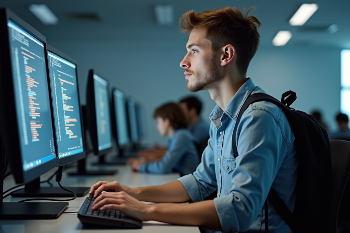 Étudiant en informatique travaillant sur des écrans de code et cybersécurité