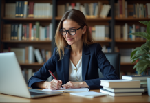 Méthodes de traduction : quelles sont les plus utilisées ? Jeune femme en blazer bleu prenant des notes dans un bureau studieux