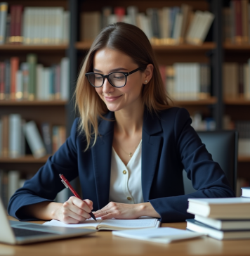 Méthodes de traduction : quelles sont les plus utilisées ? Jeune femme en blazer bleu prenant des notes dans un bureau studieux