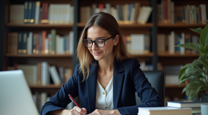 Jeune femme en blazer bleu prenant des notes dans un bureau studieux