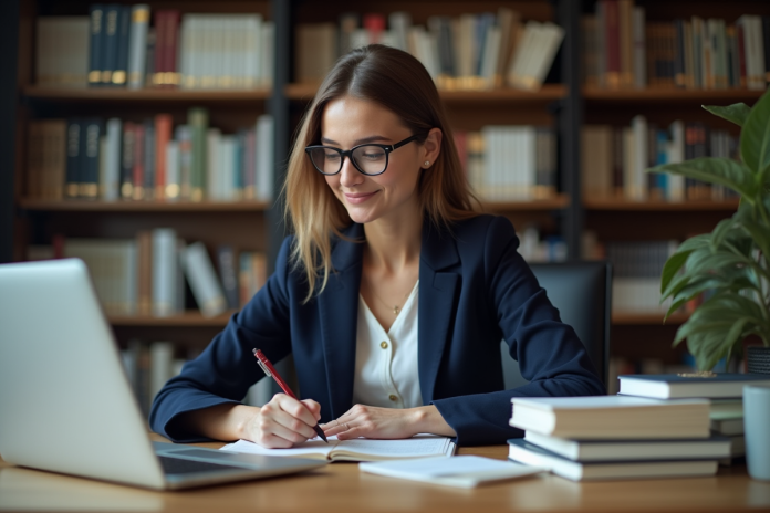jeune-femme-bureau-bilingue Jeune femme en blazer bleu prenant des notes dans un bureau studieux