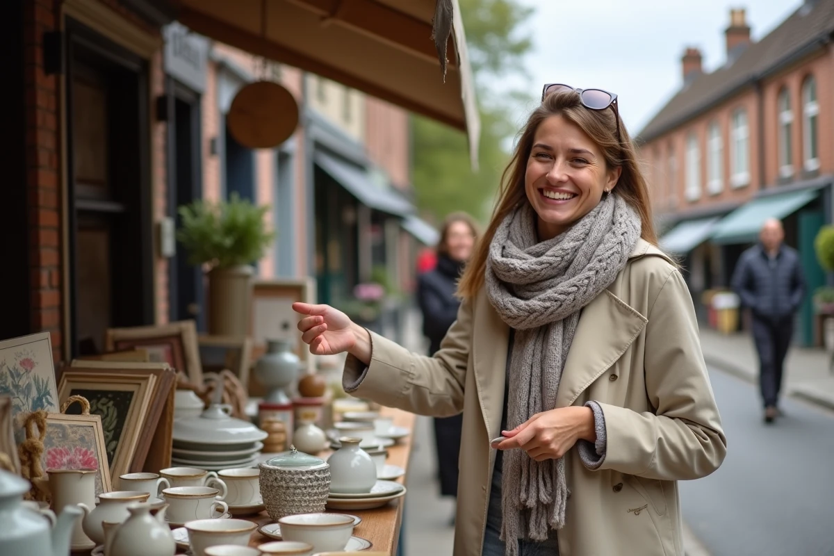 Jeune femme souriante n&eacute;gociant des c&eacute;ramiques lors d