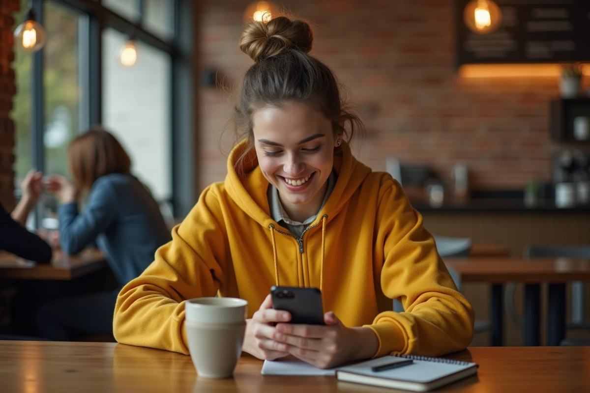 Jeune femme utilisant le chat du service client AliExpress sur son téléphone dans un café