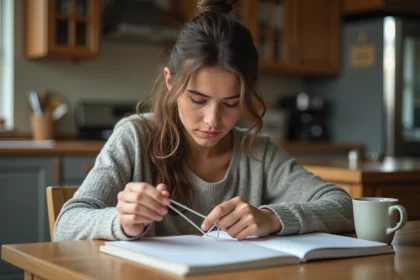 Jeune femme concentrée à plier un papier clip dans la cuisine
