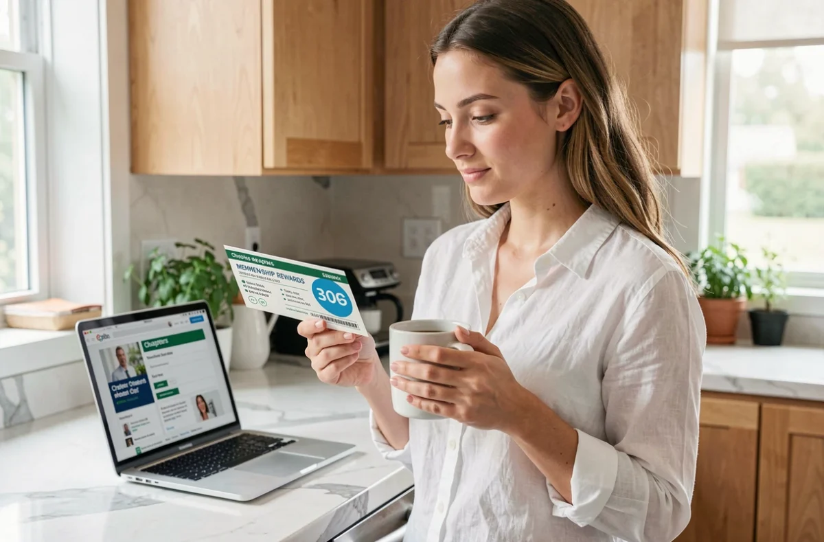 Jeune femme dans une cuisine moderne consultant un bon de réduction Chapters avec son ordinateur portable lors d'un achat