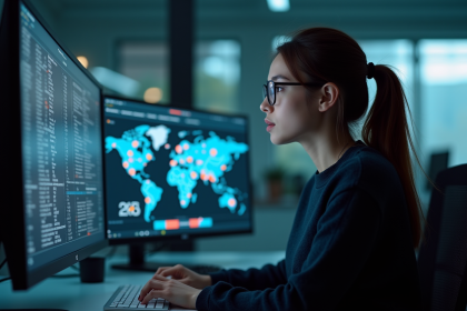 Jeune femme en cybersécurité étudiant des écrans de menace