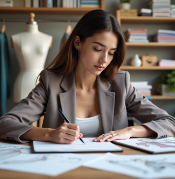 Différence entre conception mode et technologie vêtement : en détail ! Jeune femme esquissant des designs de mode dans son atelier