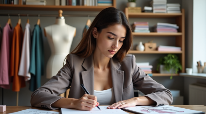 Jeune femme esquissant des designs de mode dans son atelier